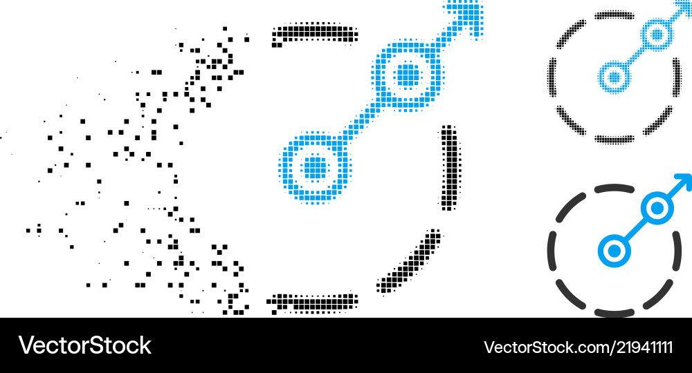 Dissolving pixelated halftone round area exit icon Dissolving pixelated halftone round area exit icon Vector Image