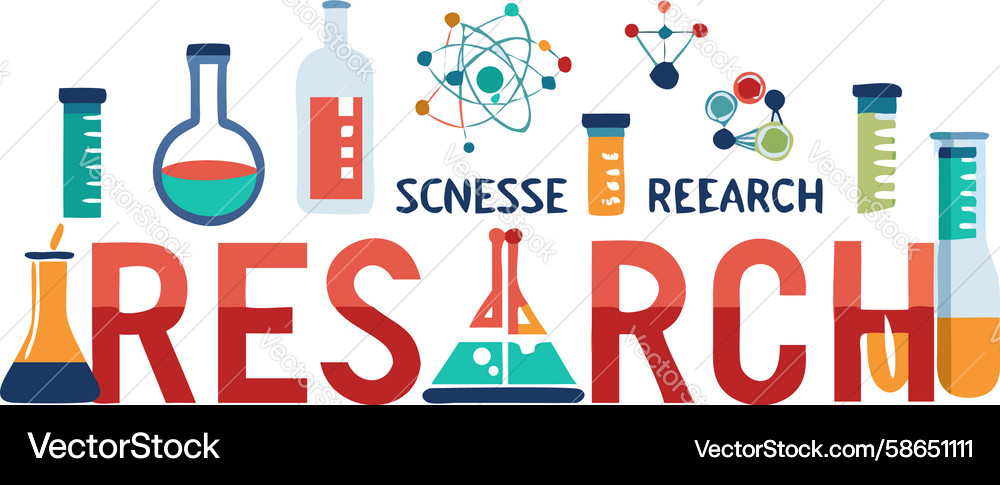 Dynamic research text with lab flasks design Vector Image