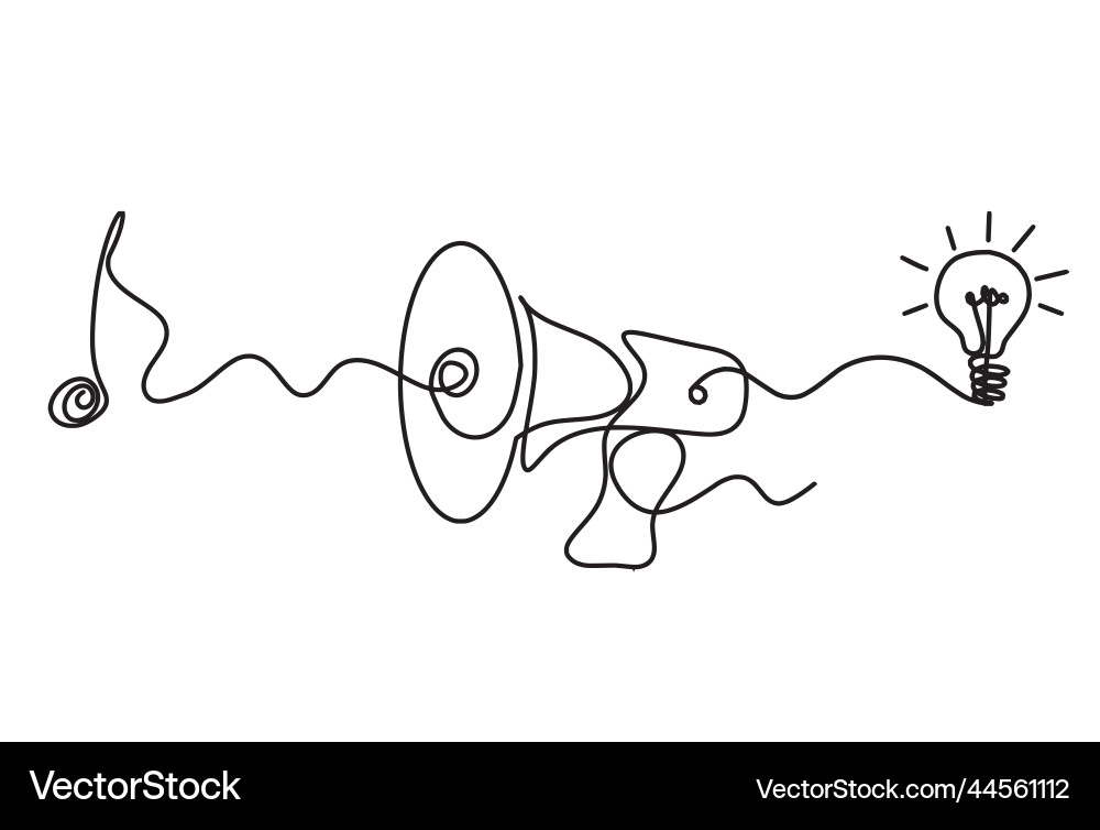 Abstract megaphone with light bulb as continuous vector image