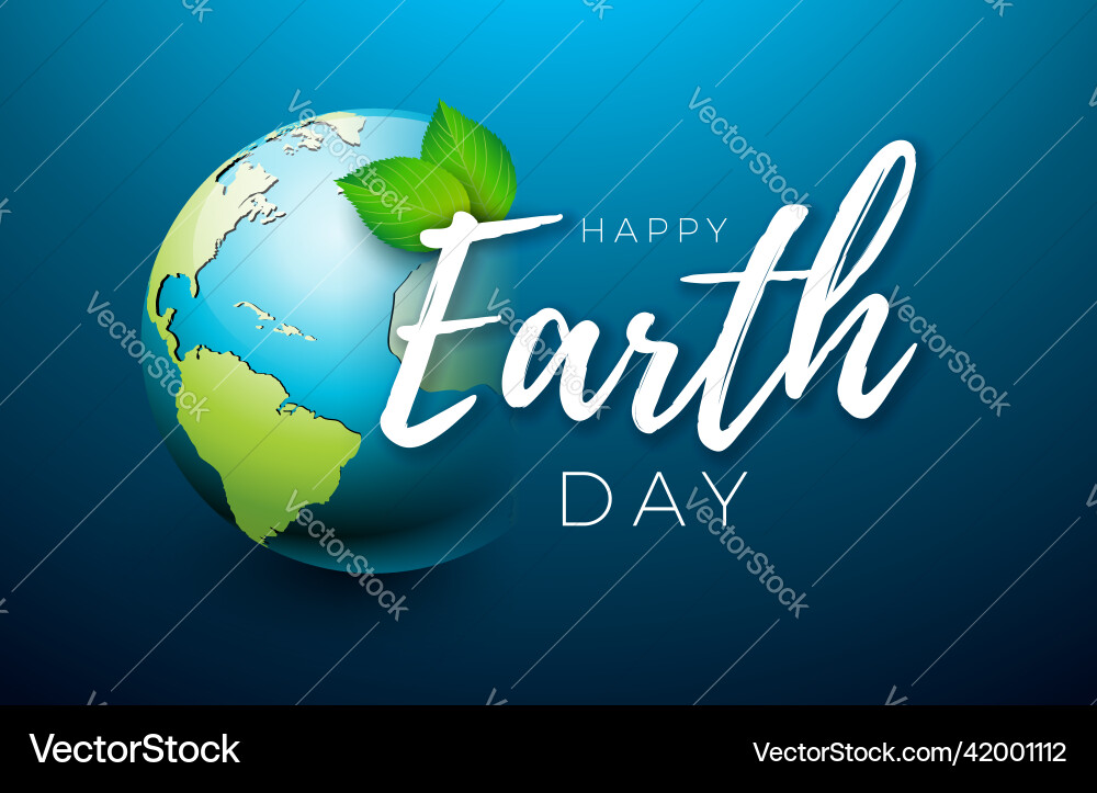 Earth day with planet and green leaf vector image