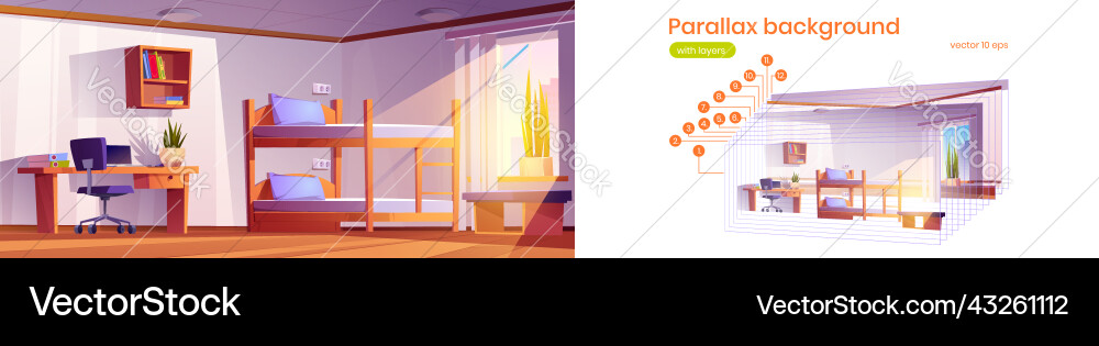 Parallax background student dormitory with bunkbed vector image