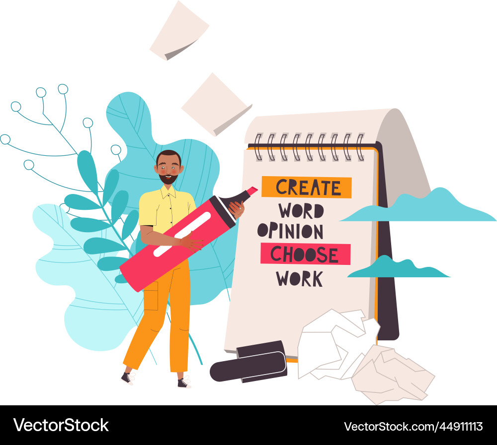 Man character with huge highlighter near notepad Man character with huge highlighter near notepad vector image