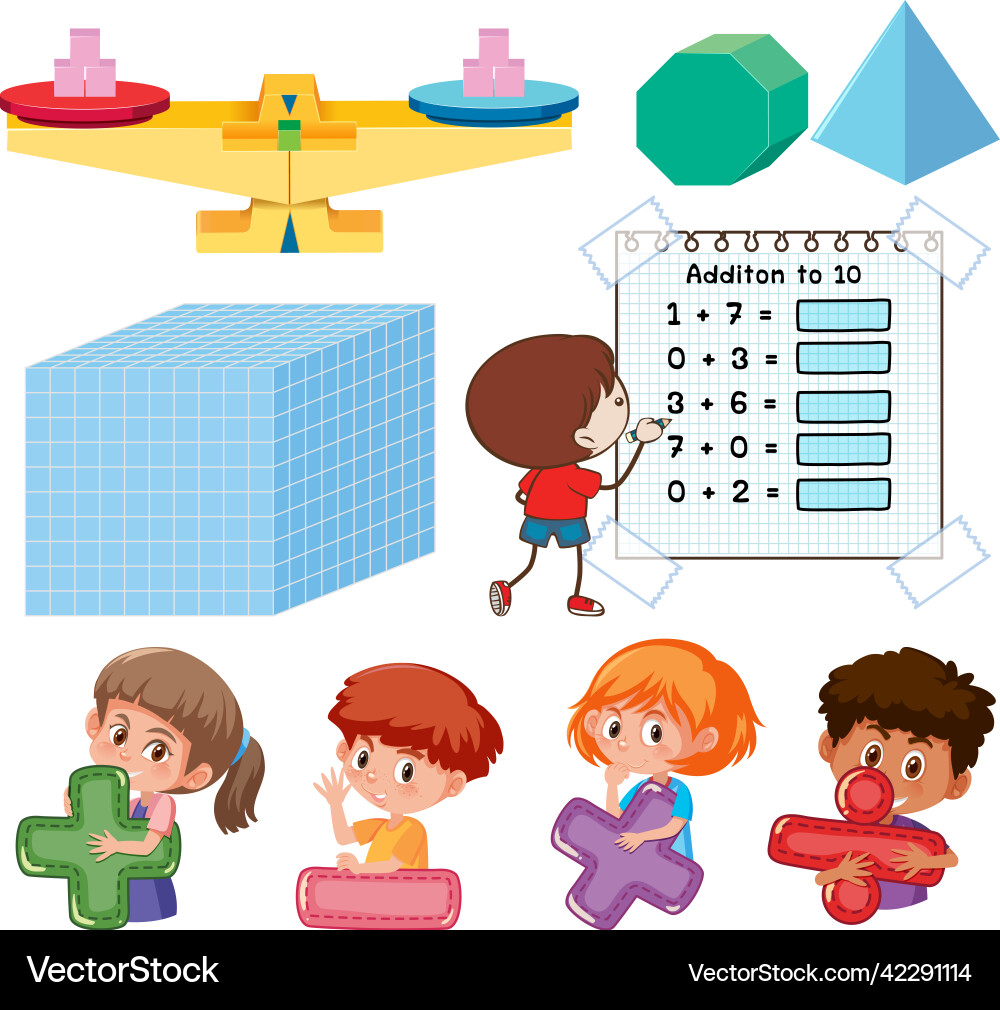 Math classroom objects with supplies and students Vector Image
