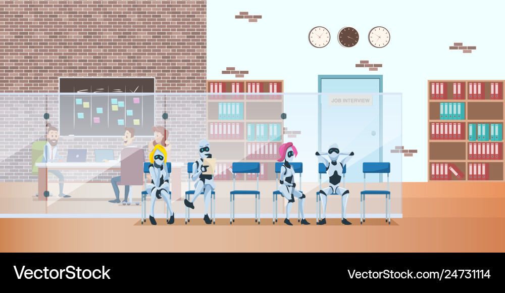 Robot queue in modern office wait job interview Robot queue in modern office wait job interview vector image