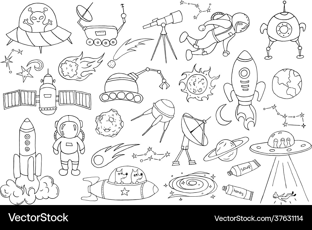 Set different space objects hand drawn sketch Set different space objects hand drawn sketch vector image