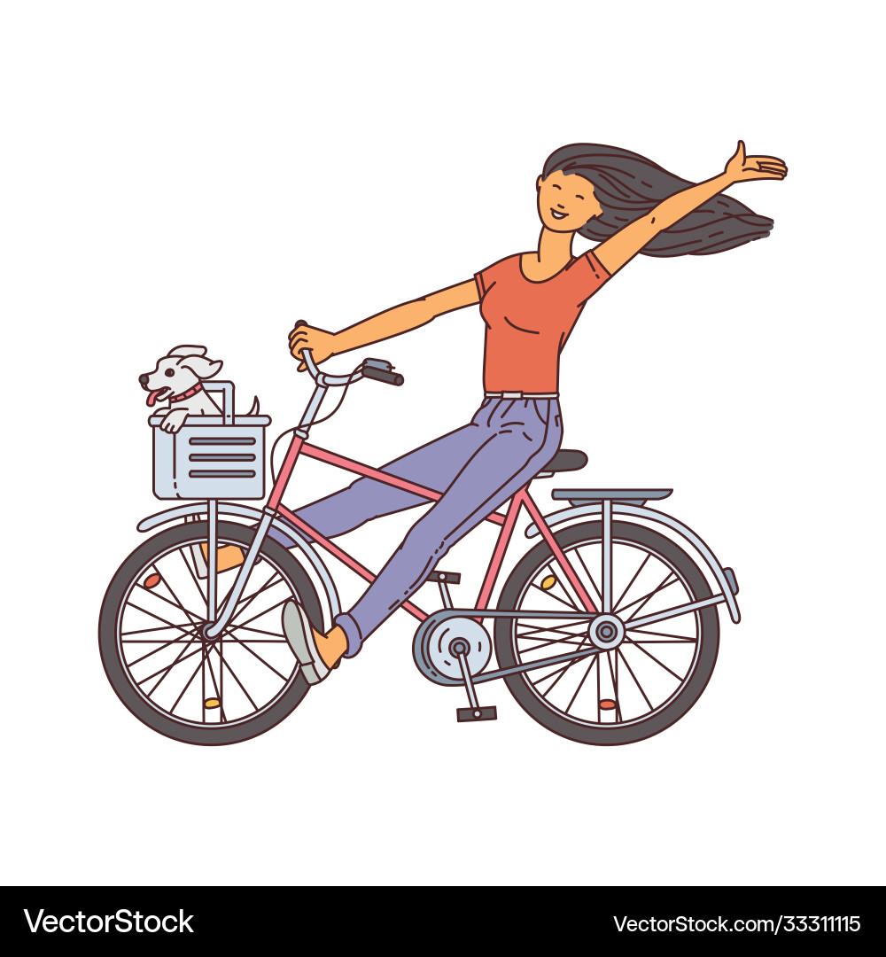 Cartoon girl riding a bicycle with little dog Cartoon girl riding a bicycle with little dog Vector Image
