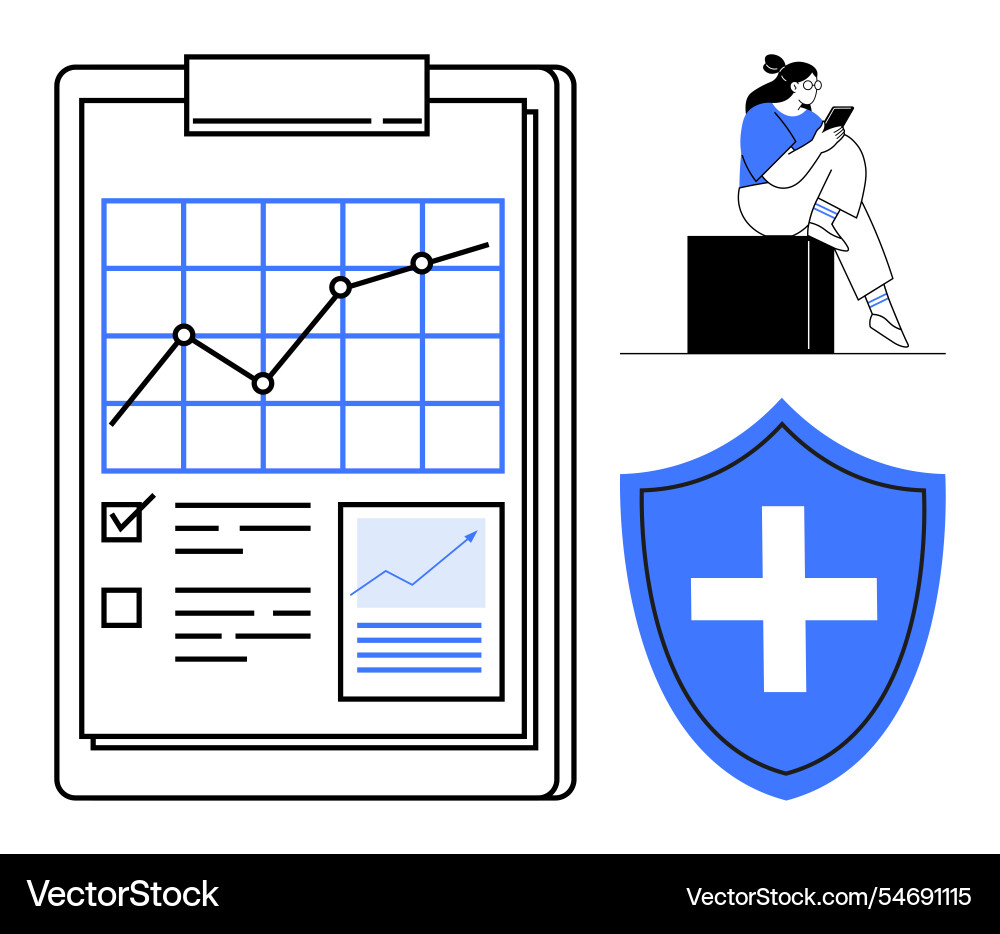 Graph on clipboard with person using smartphone Graph on clipboard with person using smartphone vector image