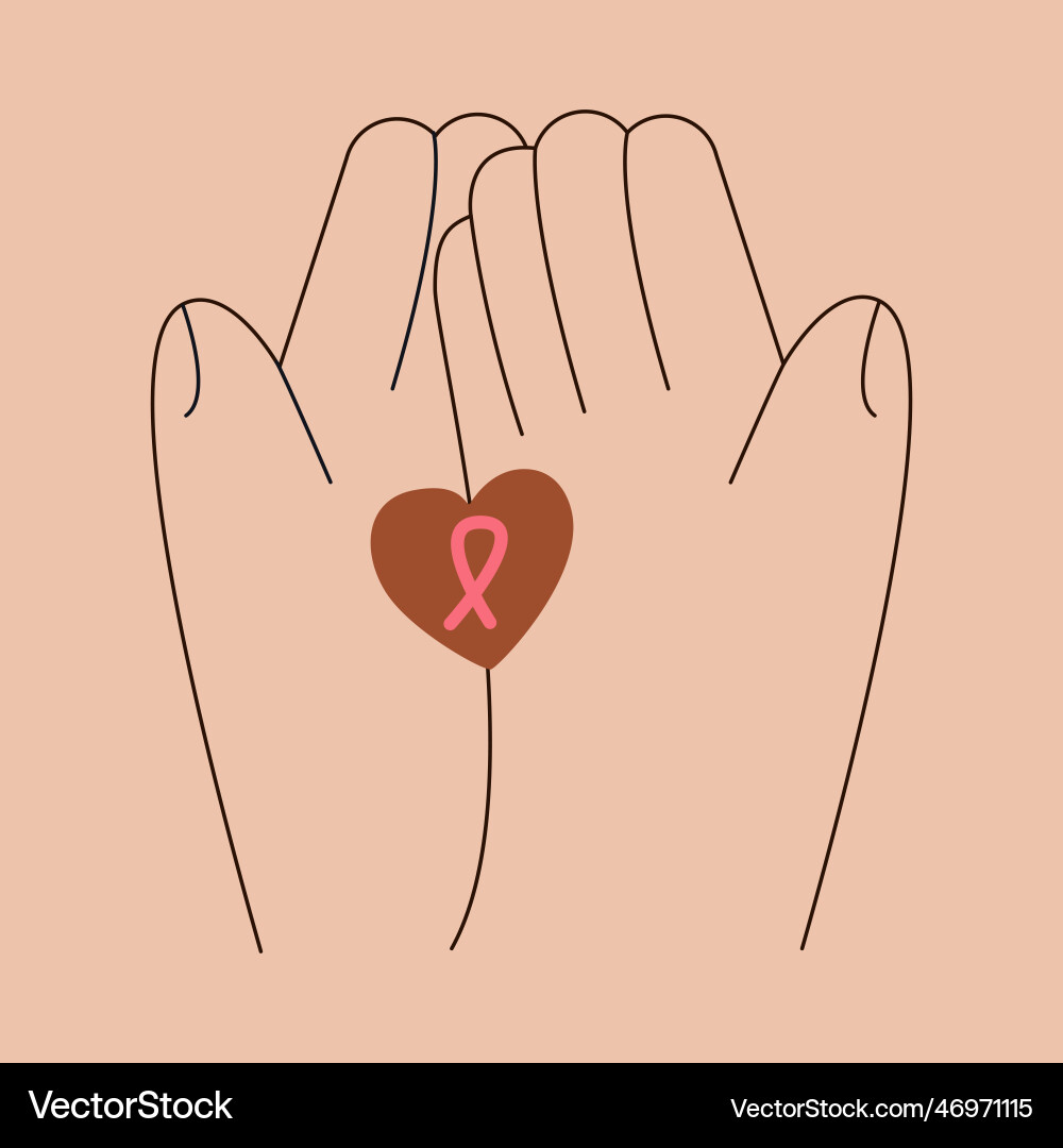Two hands hold pink ribbon with heart Two hands hold pink ribbon with heart vector image
