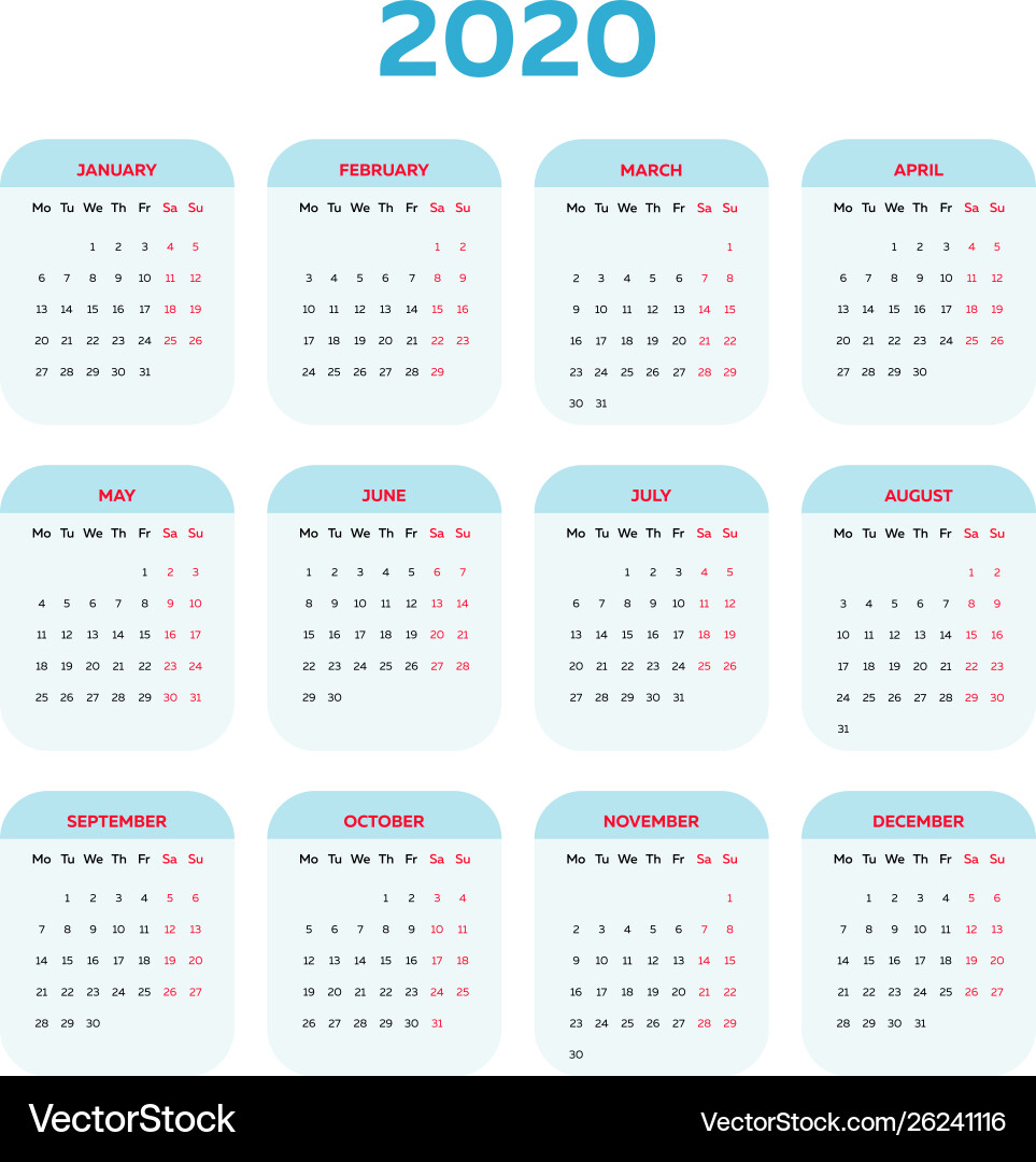 2020 calendar template with rounded angled Vector Image