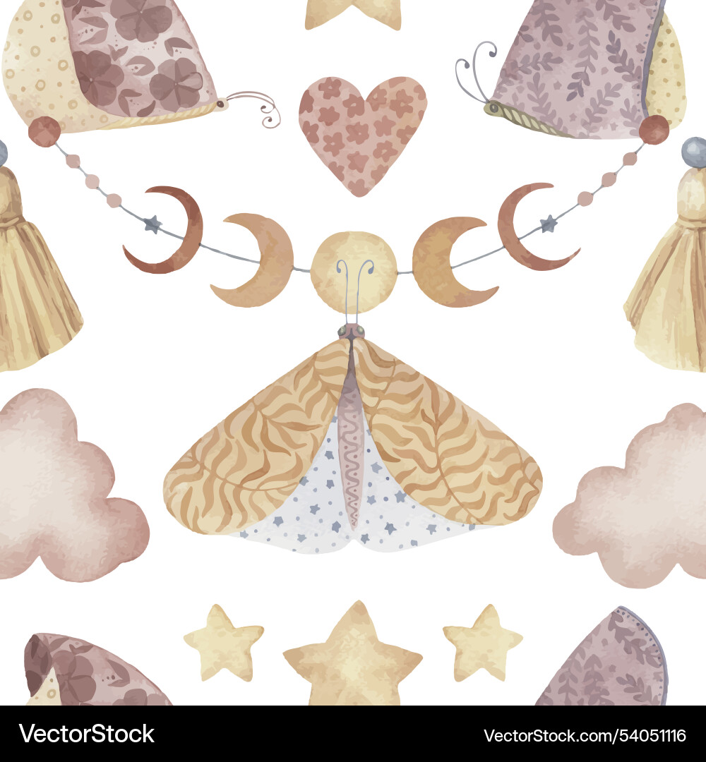 Boho butterfly seamless pattern with clouds vector image