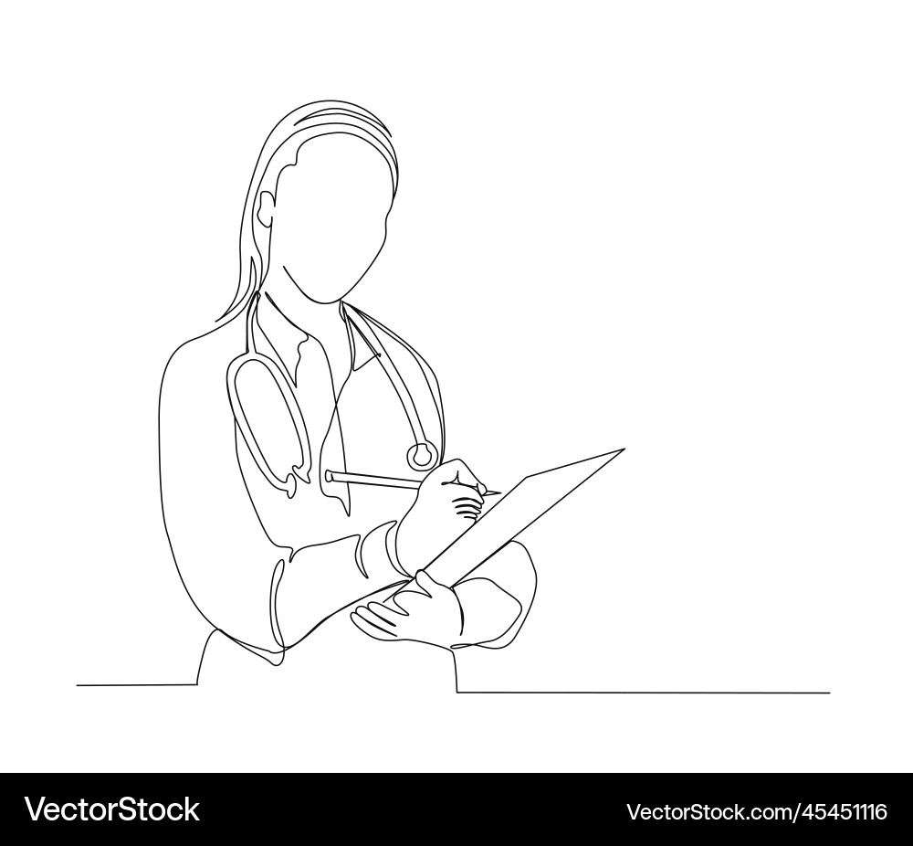 Continuous line drawing of woman doctor writing Continuous line drawing of woman doctor writing vector image