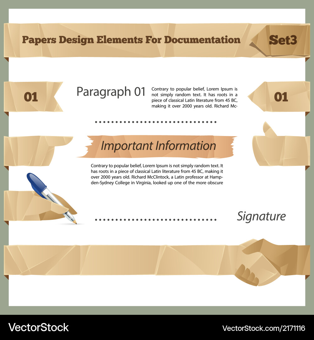 Crumpled paper design elements for documentation vector image