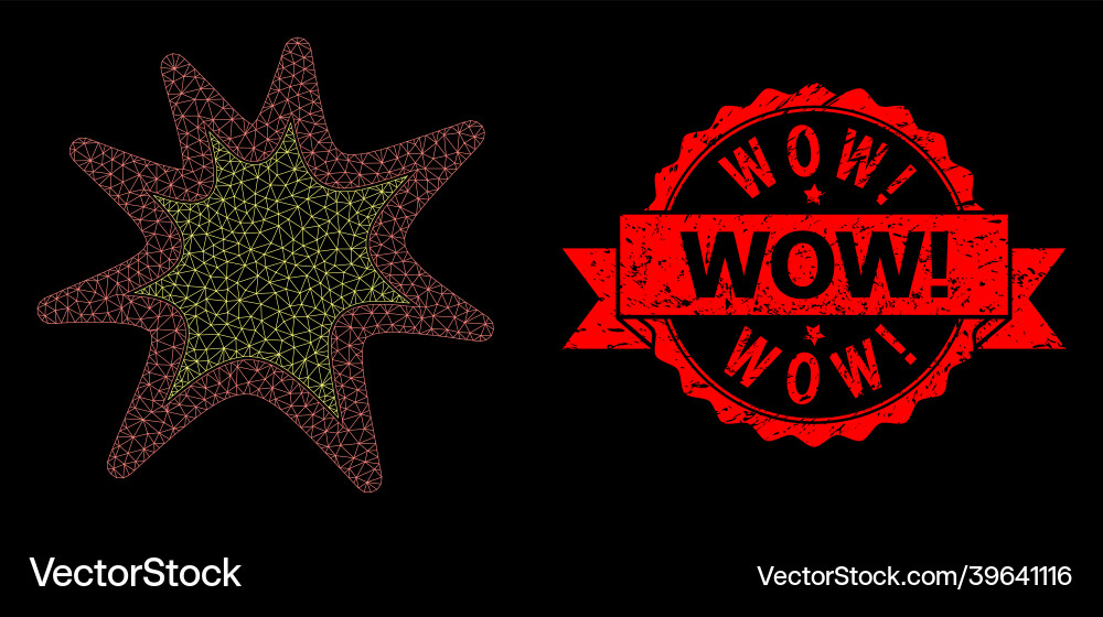 Grunge wow exclamation seal and web mesh exploding Vector Image