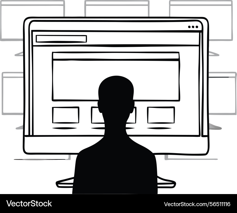 Silhouette of person focused on computer display vector image
