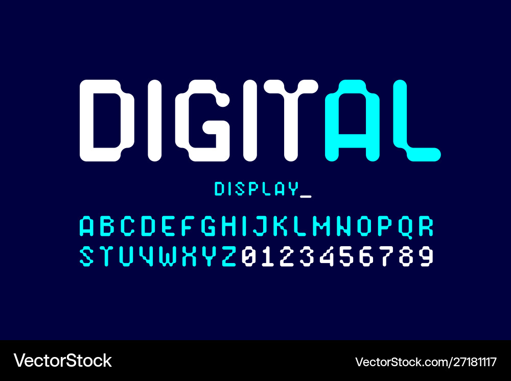 Digital display typeface alphabet and numbers Digital display typeface alphabet and numbers vector image