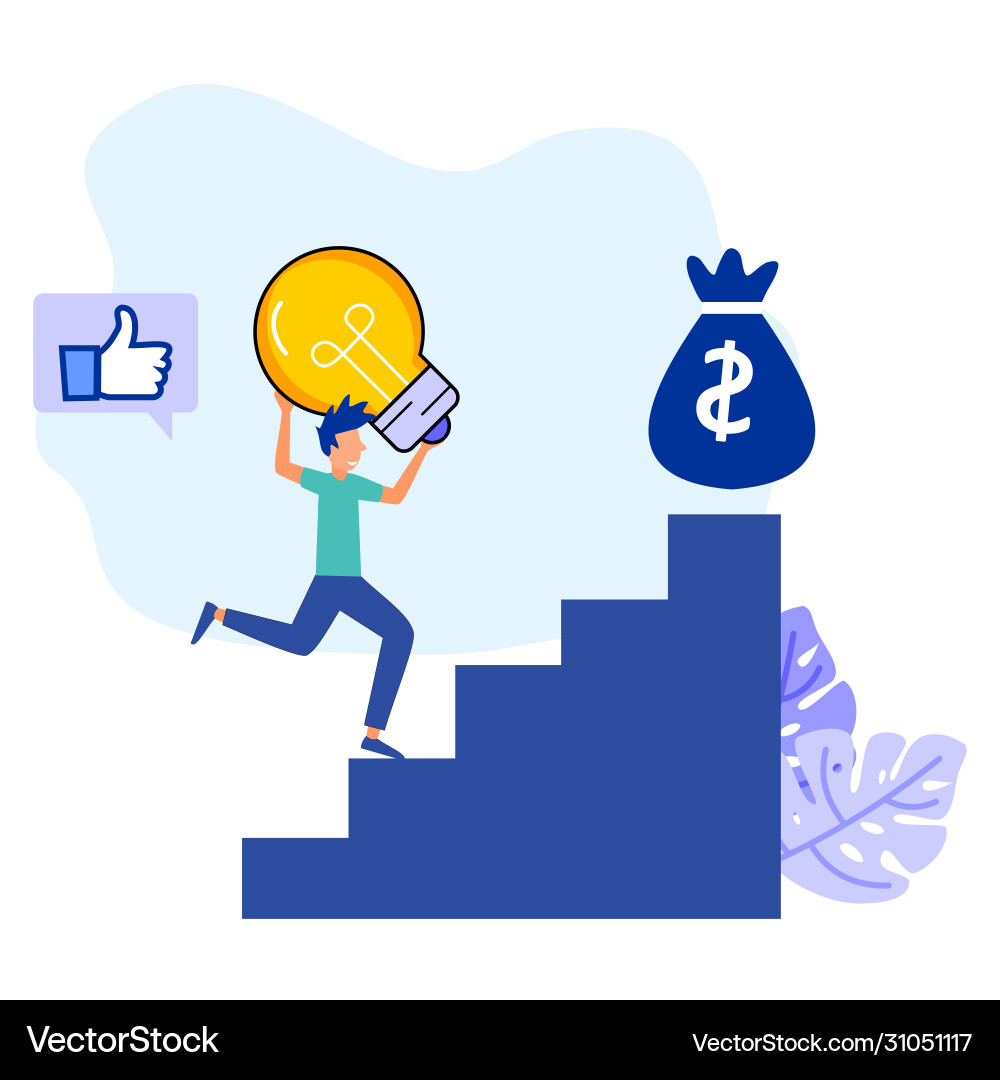 Man running up stairs with ideas building Man running up stairs with ideas building Vector Image