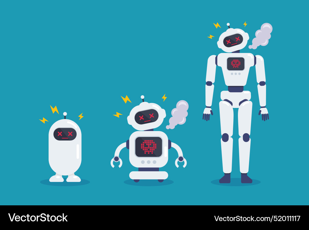 Set von Robotern abstürzen gebrochen Fehler mit Funke Set von Robotern abstürzen gebrochen Fehler mit Funke Vektorbild
