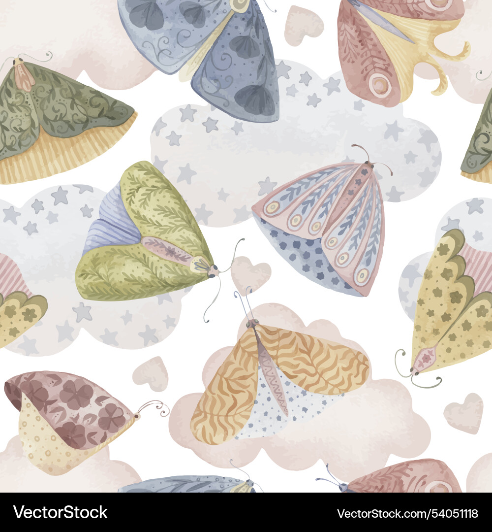Boho butterfly seamless pattern with clouds Boho butterfly seamless pattern with clouds vector image
