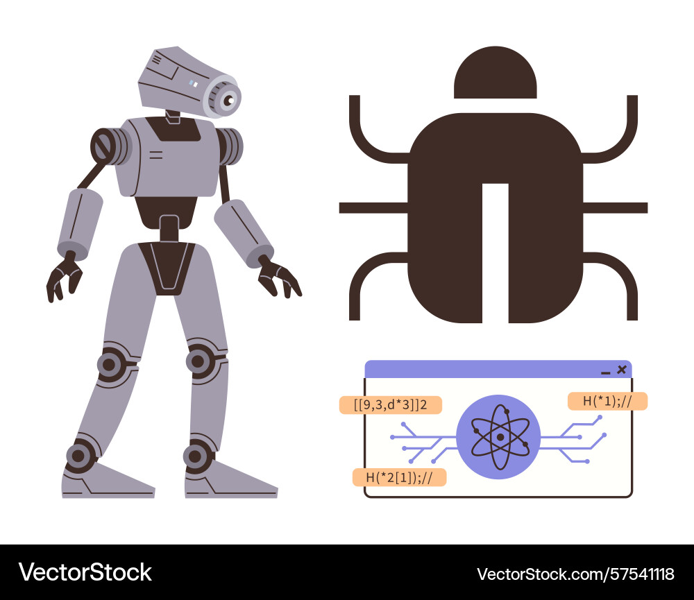 Roboter und Bug mit Programmiercode repräsentiert Roboter und Bug mit Programmiercode repräsentiert vektorbild