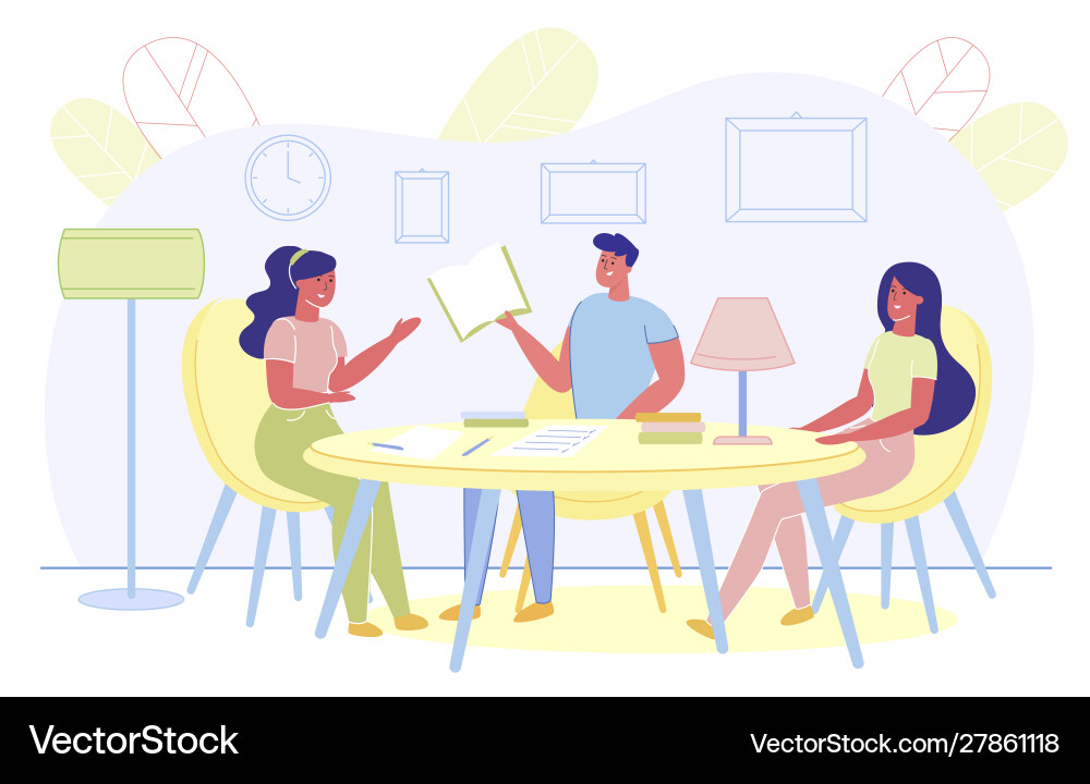 Young people sitting at round table studying Young people sitting at round table studying vector image