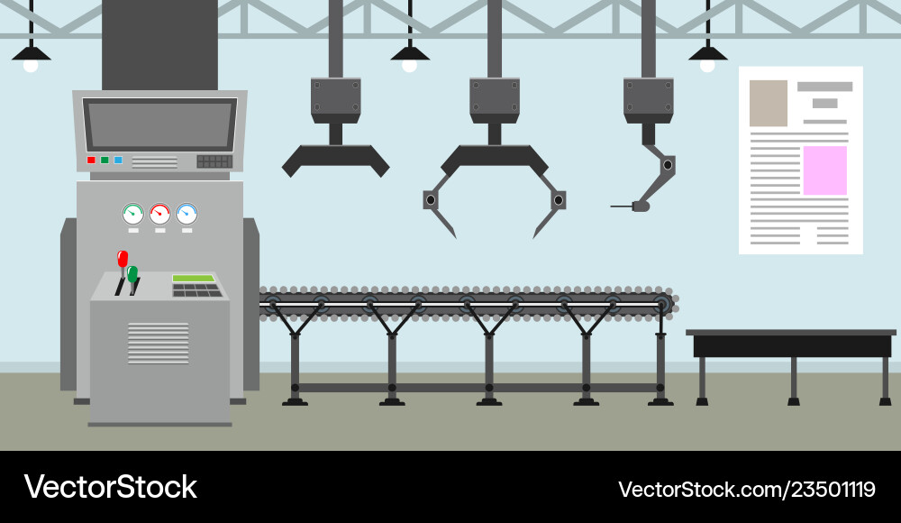 Empty conveyor belt system with robot hands Vector Image