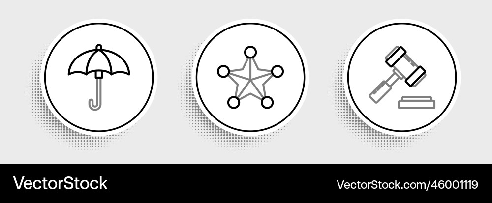 Set line judge gavel umbrella and hexagram Set line judge gavel umbrella and hexagram vector image