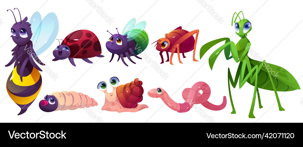 Cute cartoon insects characters snail bee or bugs Cute cartoon insects characters snail bee or bugs vector image