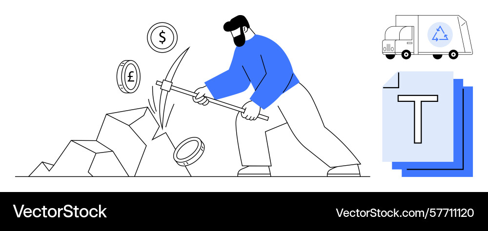 Man mining coins with pickaxe representing Man mining coins with pickaxe representing vector image