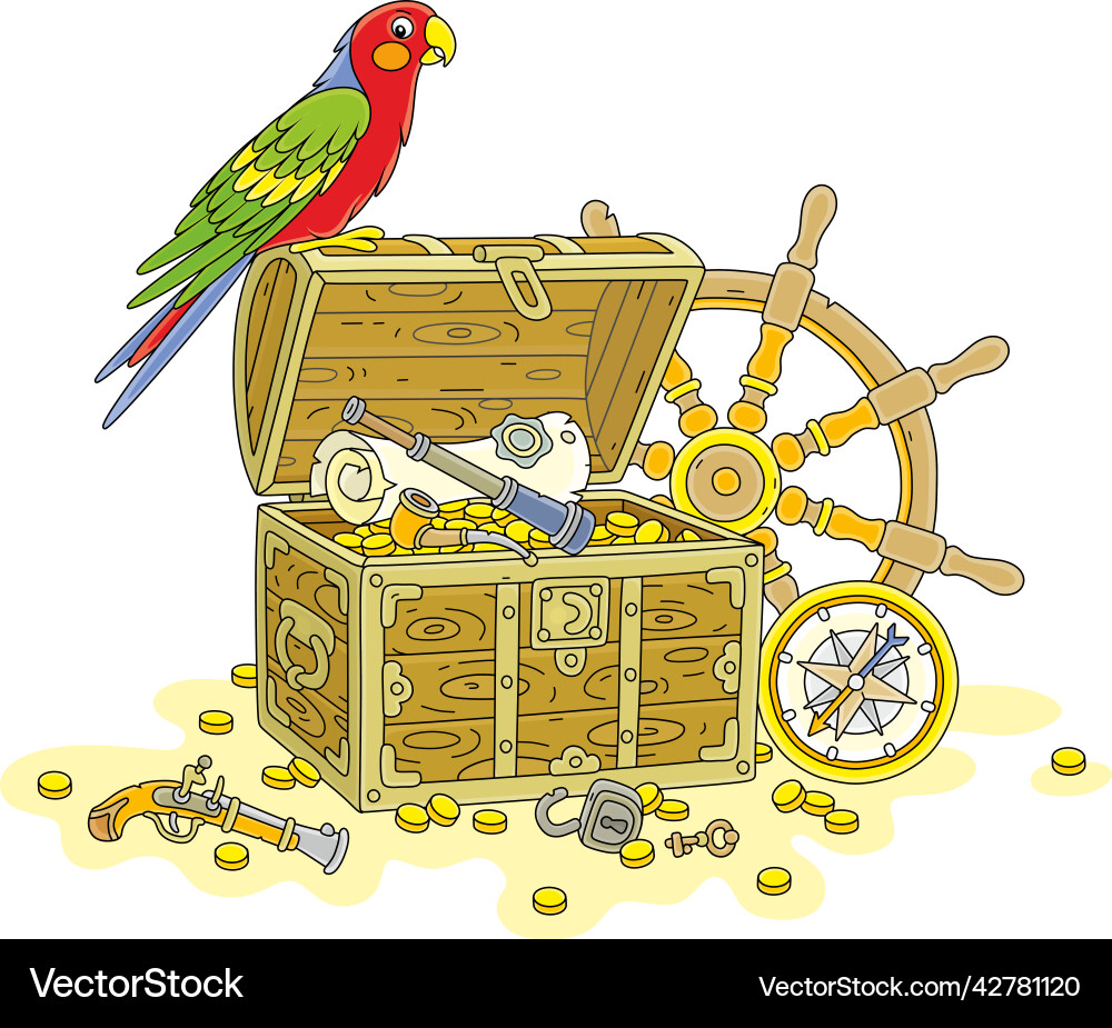 Pirate Papagei auf einer Schatzkiste und Schiff Helm Pirate Papagei auf einer Schatzkiste und Schiff Helm vektorbild
