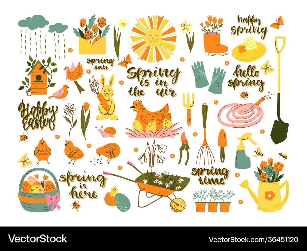 Spring set happy easter with rabbit eggs Spring set happy easter with rabbit eggs vector image