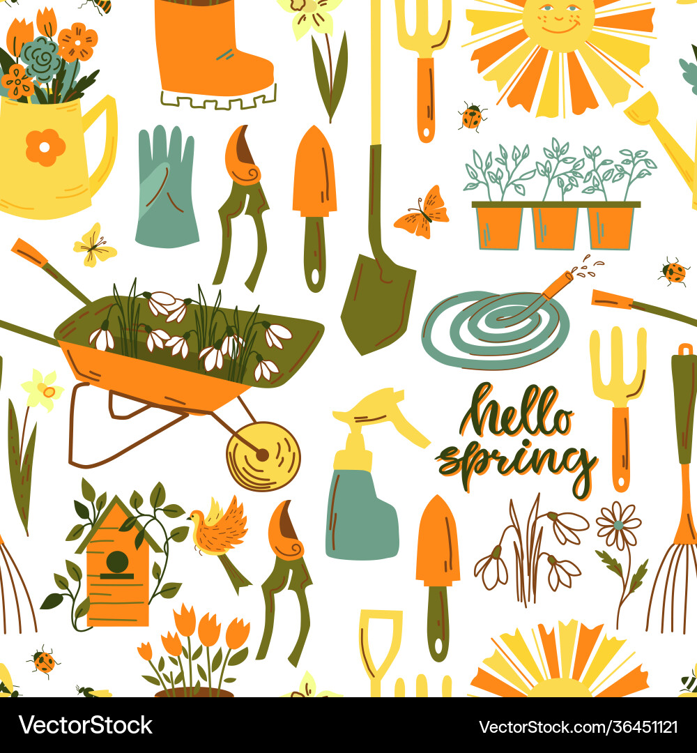 Spring seamless pattern with garden tools Spring seamless pattern with garden tools Vector Image