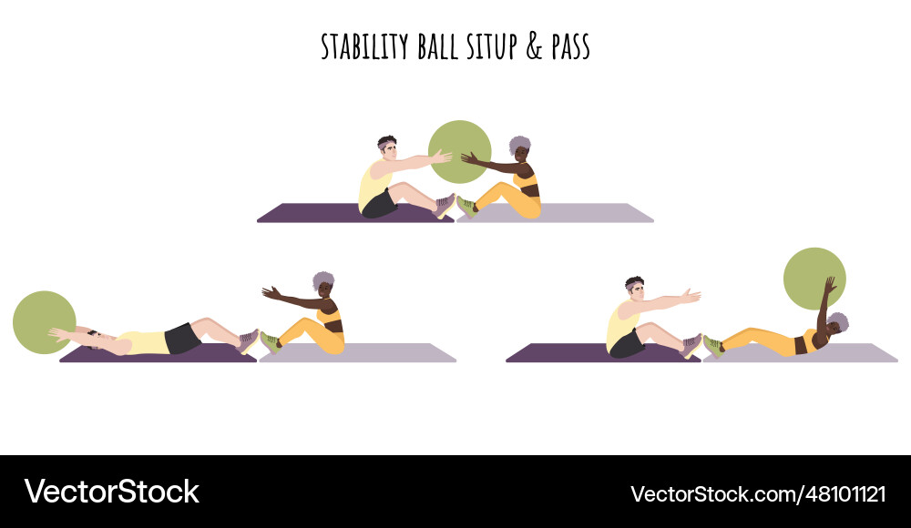 Stability ball situp and pass partner workout Stability ball situp and pass partner workout Vector Image