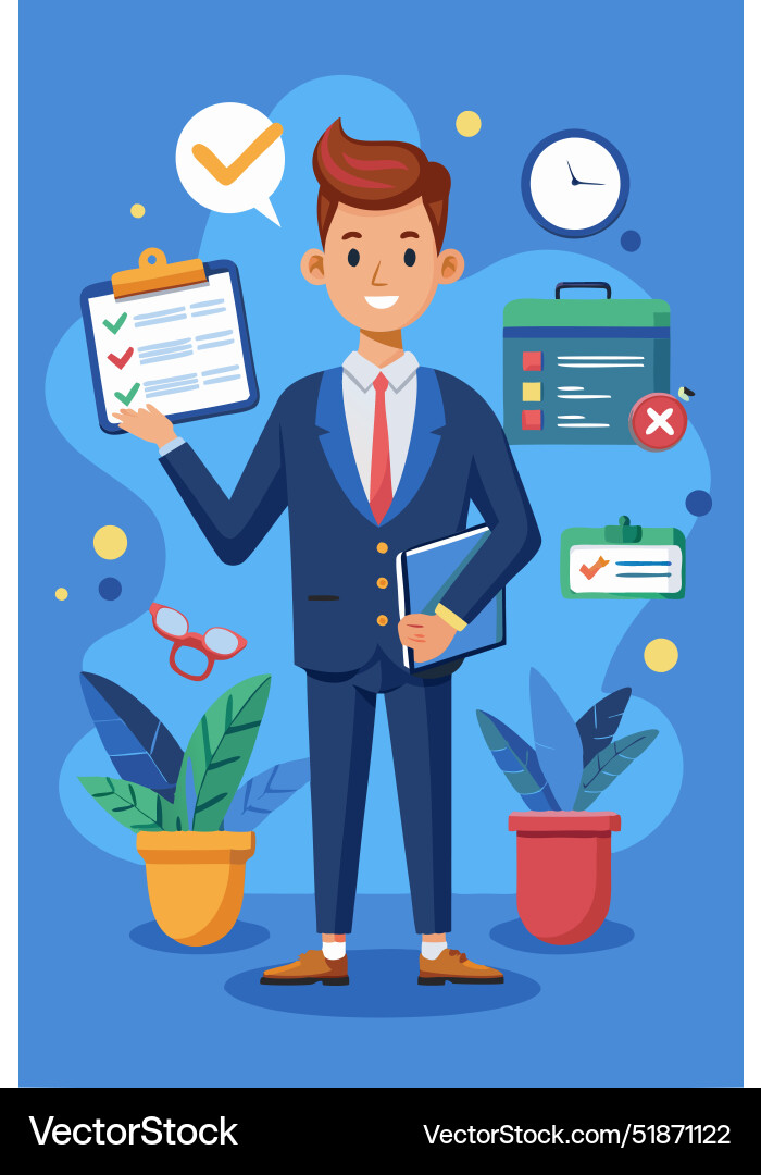 Efficient businessman with task management icons Efficient businessman with task management icons vector image