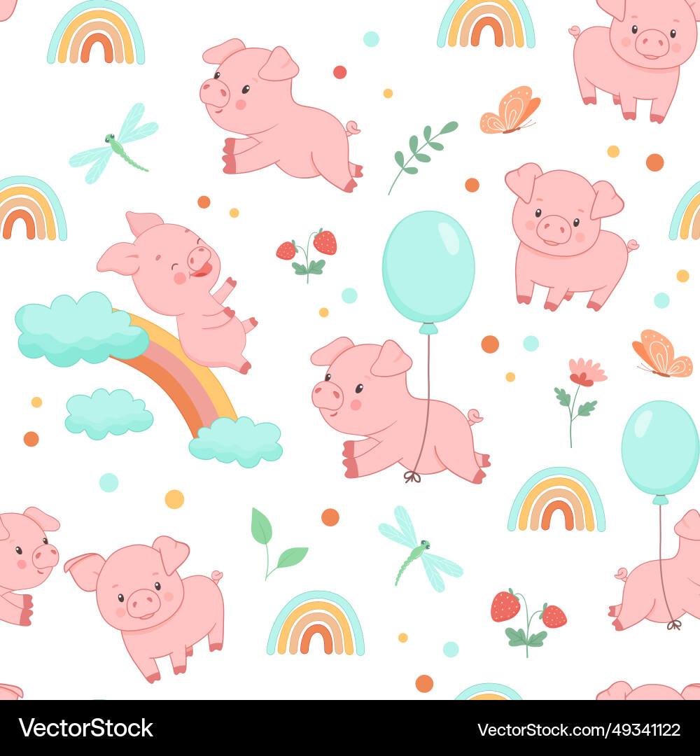 Seamless pattern with cute piggy on rainbow Seamless pattern with cute piggy on rainbow vector image