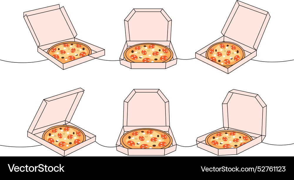 Set of pizza in boxes one line colored continuous Set of pizza in boxes one line colored continuous Vector Image