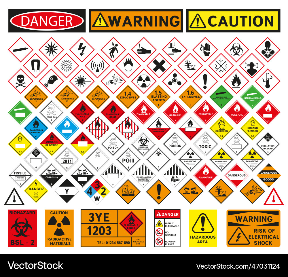 Hazardous material signs all classes Royalty Free Vector
