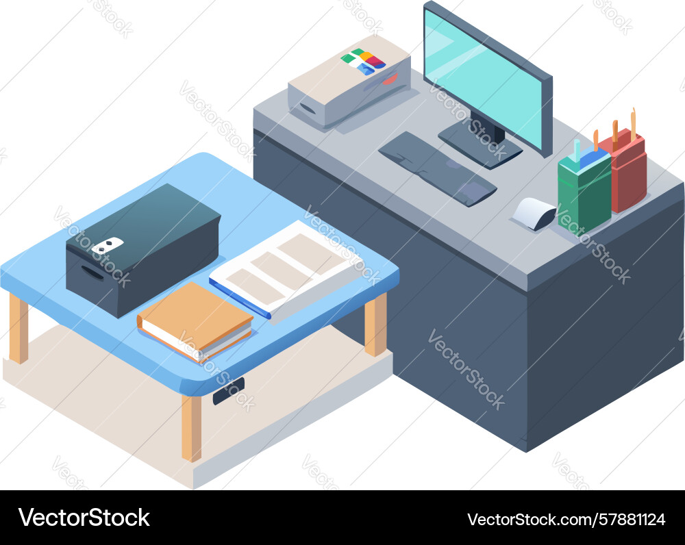 Isometric workstation with computer and documents Vector Image