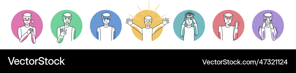 Man character emotions in circle icons set Vector Image