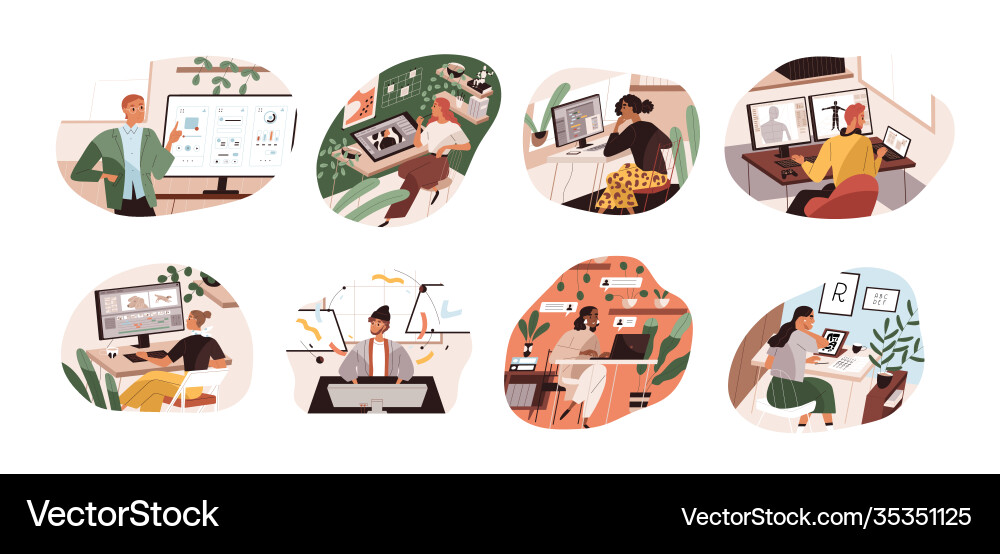 Set creative workers working at computers Vector Image