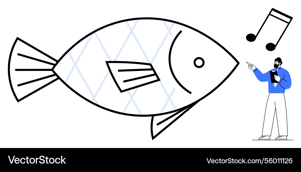 Man interacting with large fish while music notes Man interacting with large fish while music notes vector image