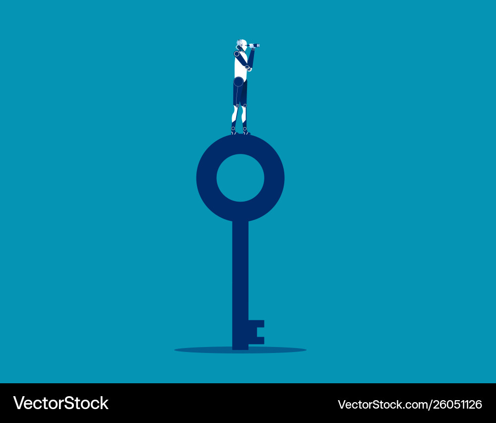 Robot standing on top key and looking through vector image