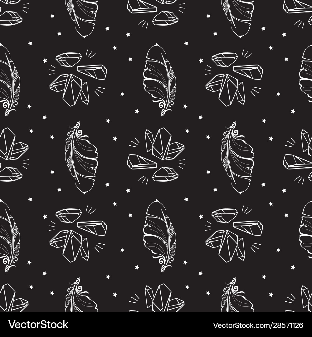 Seamless pattern with feathers and crystals gems Seamless pattern with feathers and crystals gems vector image