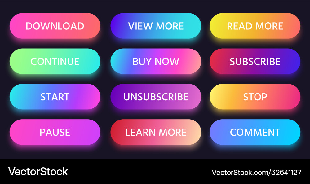 Colorful Gradient Buttons - Read, View, Learn vector image