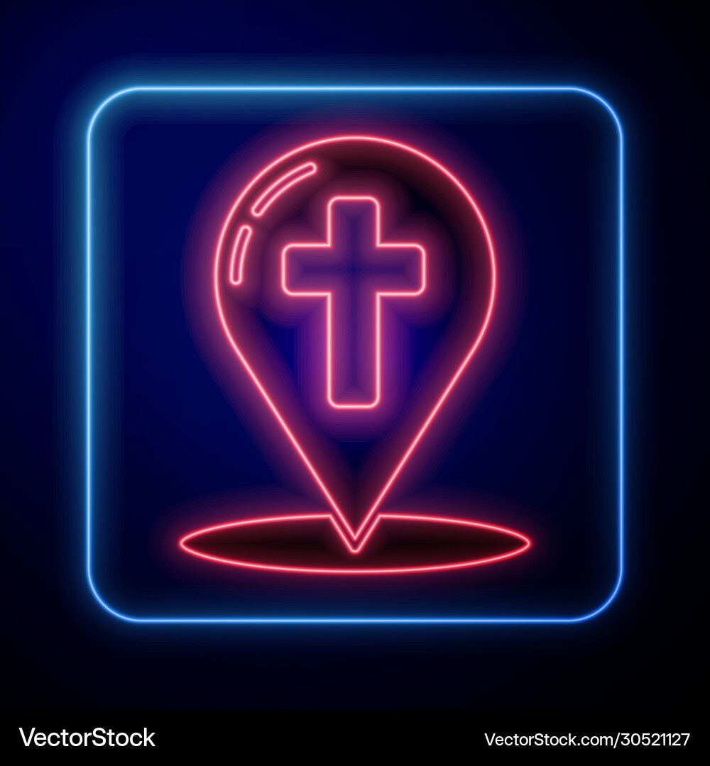 Glowing neon map pointer with christian cross icon Glowing neon map pointer with christian cross icon vector image