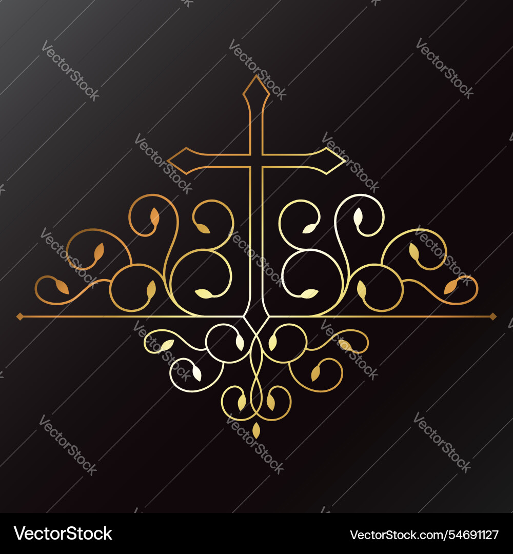 Golden christian cross with curl pattern branches Golden christian cross with curl pattern branches vector image