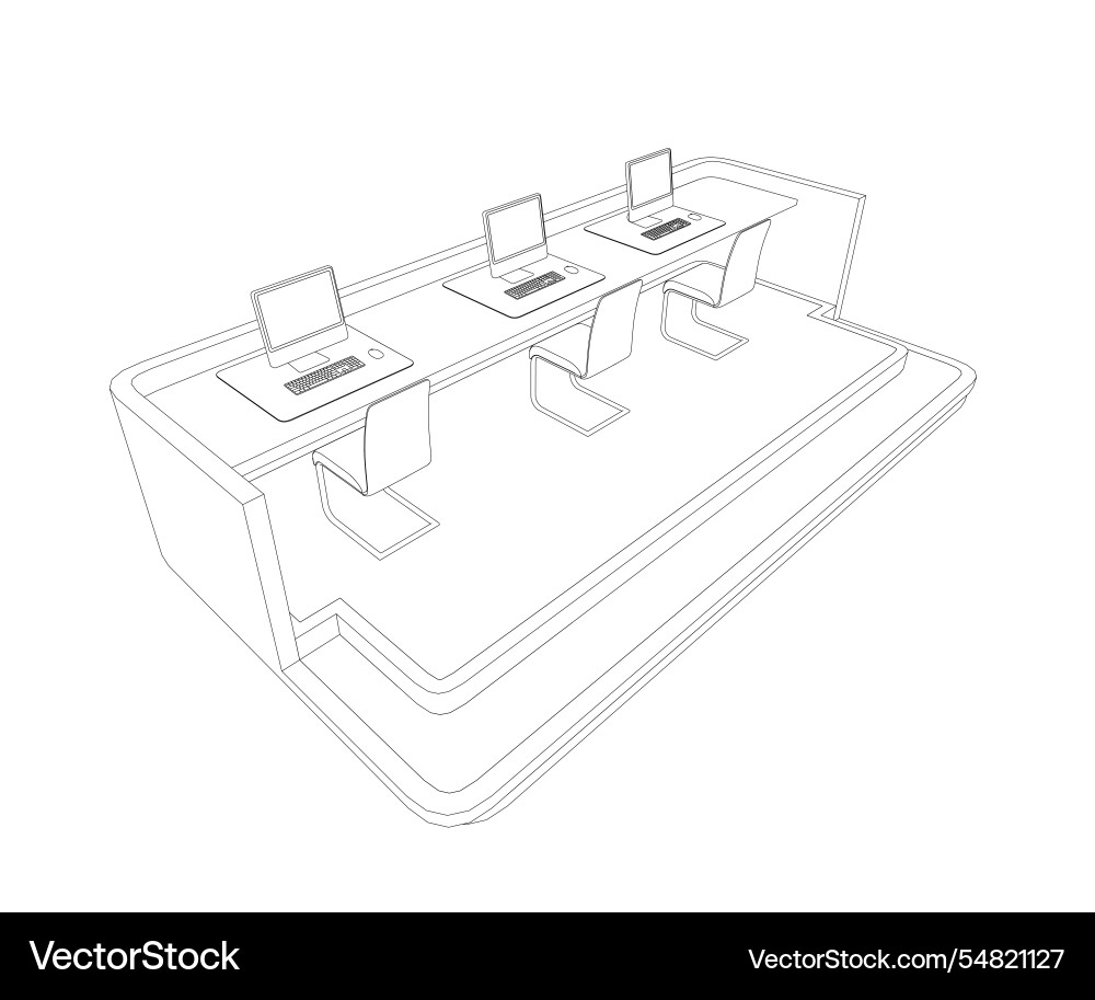 Outline of a reception desk with three computers Outline of a reception desk with three computers vector image