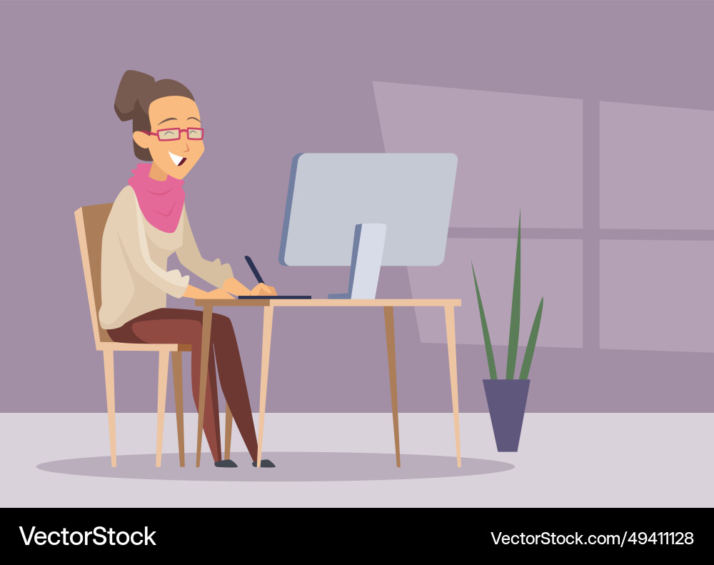 Designer working woman artist at pc Royalty Free Vector