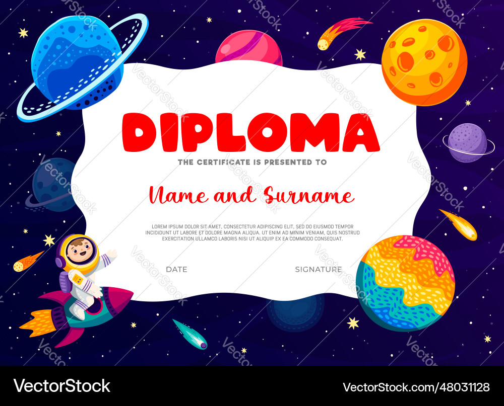 Kids diploma cartoon astronaut on rocket in space Kids diploma cartoon astronaut on rocket in space vector image