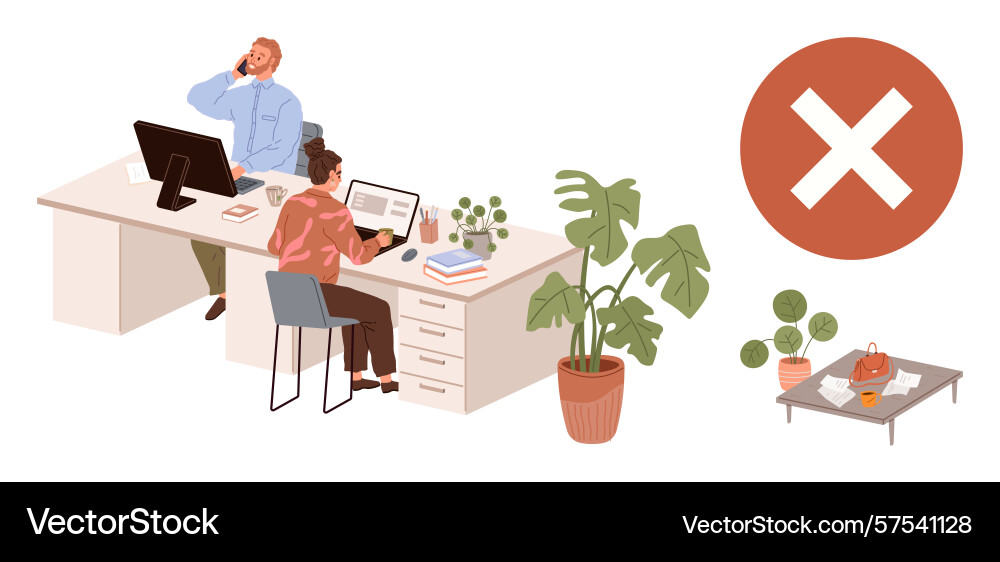 Office setup with employees at desks and work Office setup with employees at desks and work Vector Image