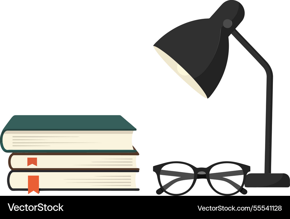 Stylish desk setup with books and lamp in flat Stylish desk setup with books and lamp in flat Vector Image